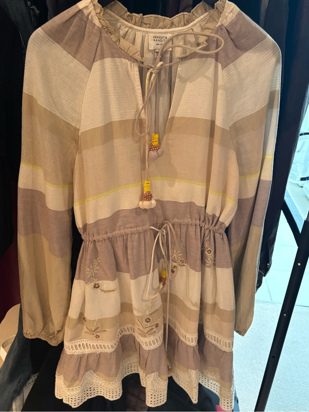 HEMANT & NANDITA Beige and Cream Striped Girls' Cotton Dress with Tassel Tie